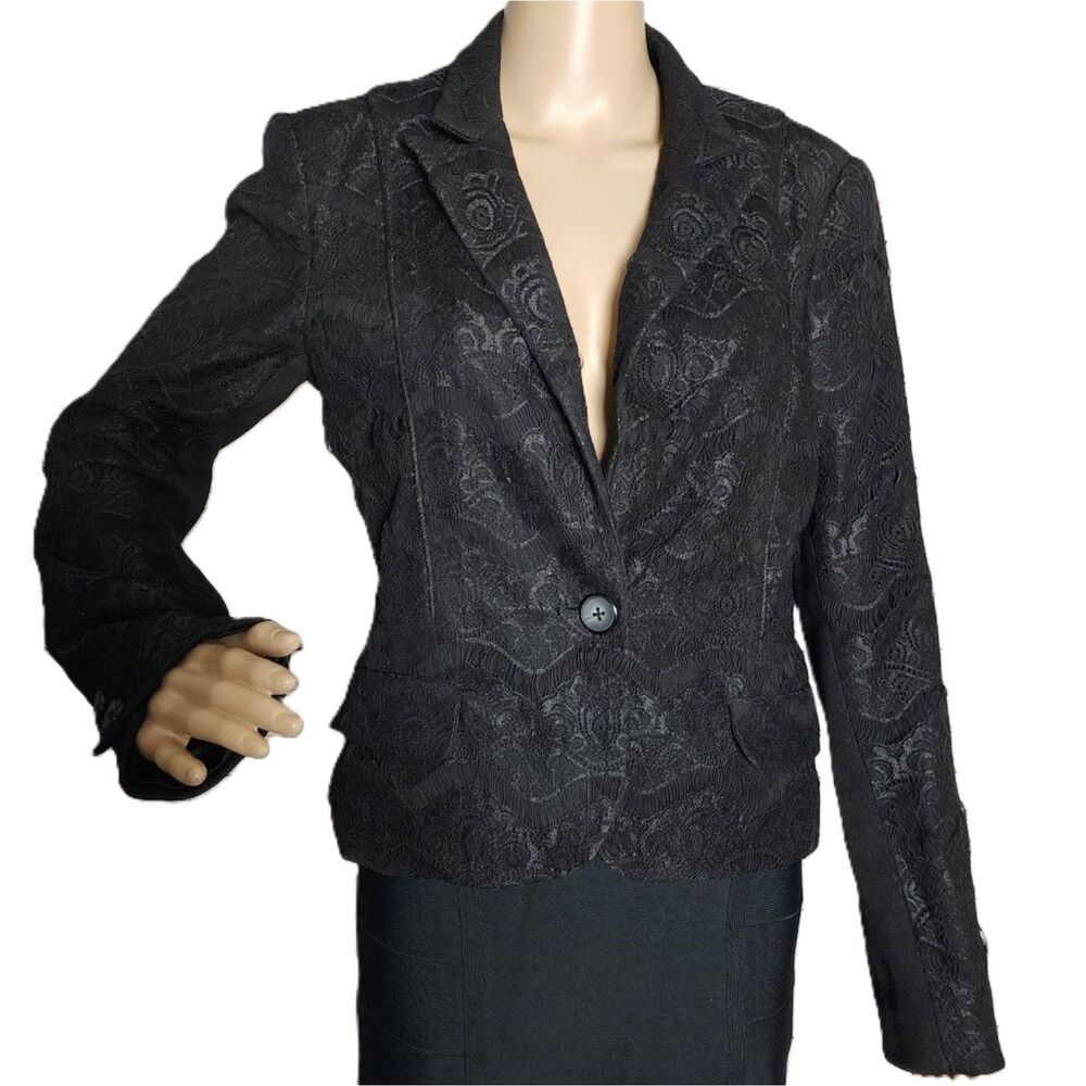 LaRok Luxe Tailored Black Lace Mixed Media Blazer Jacket Archival - Medium